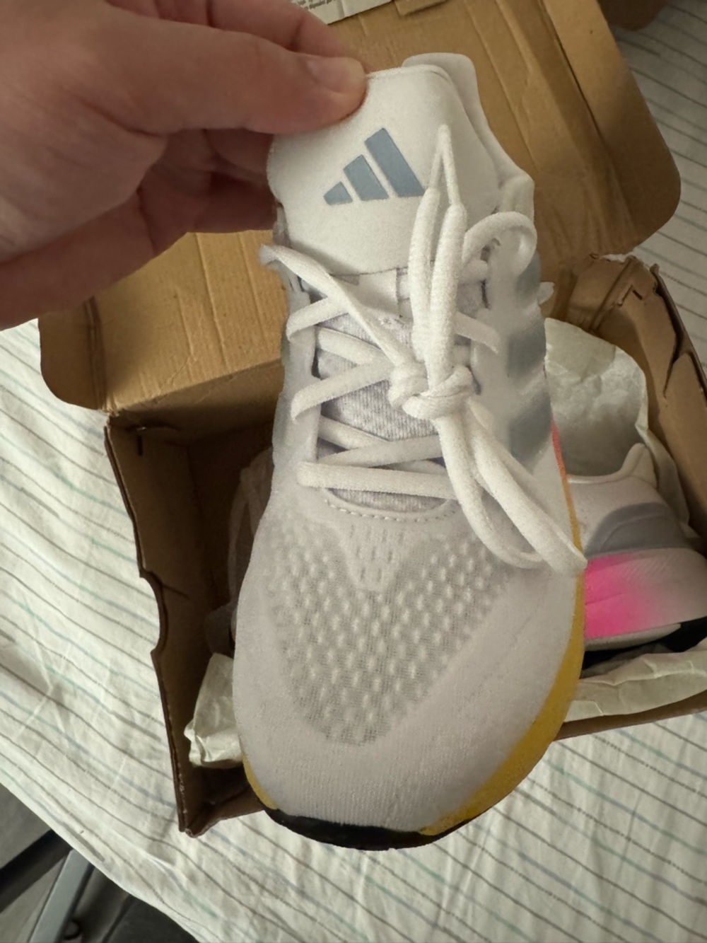 BRAND NEW Adidas Women’s White Running Shoes with Pink and Yellow Gradient - Picture 3 of 5